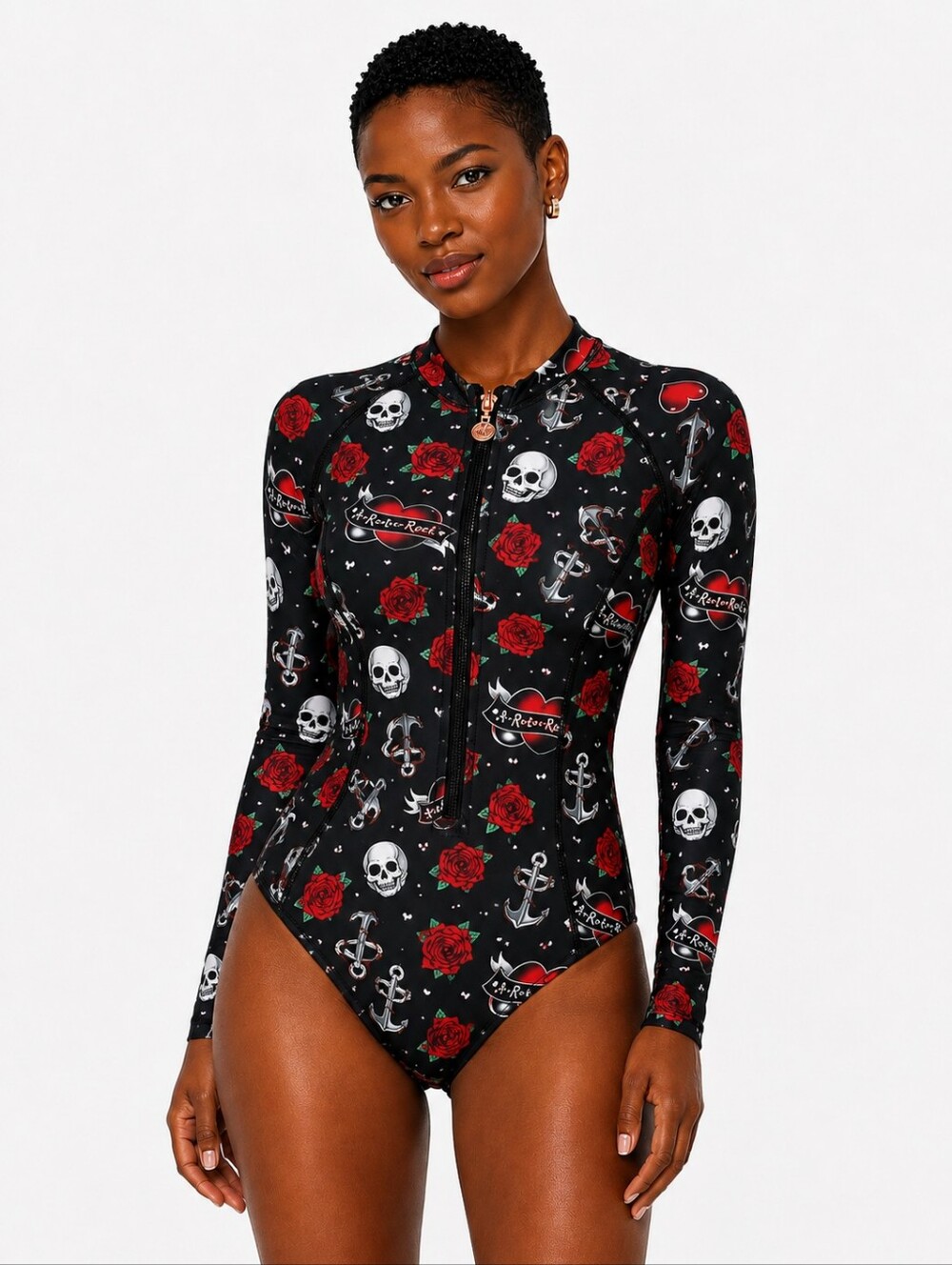 AS ROSE RICH RASH GUARD Long Sleeve Black with Red Roses & Skulls SIZE XS NWOT